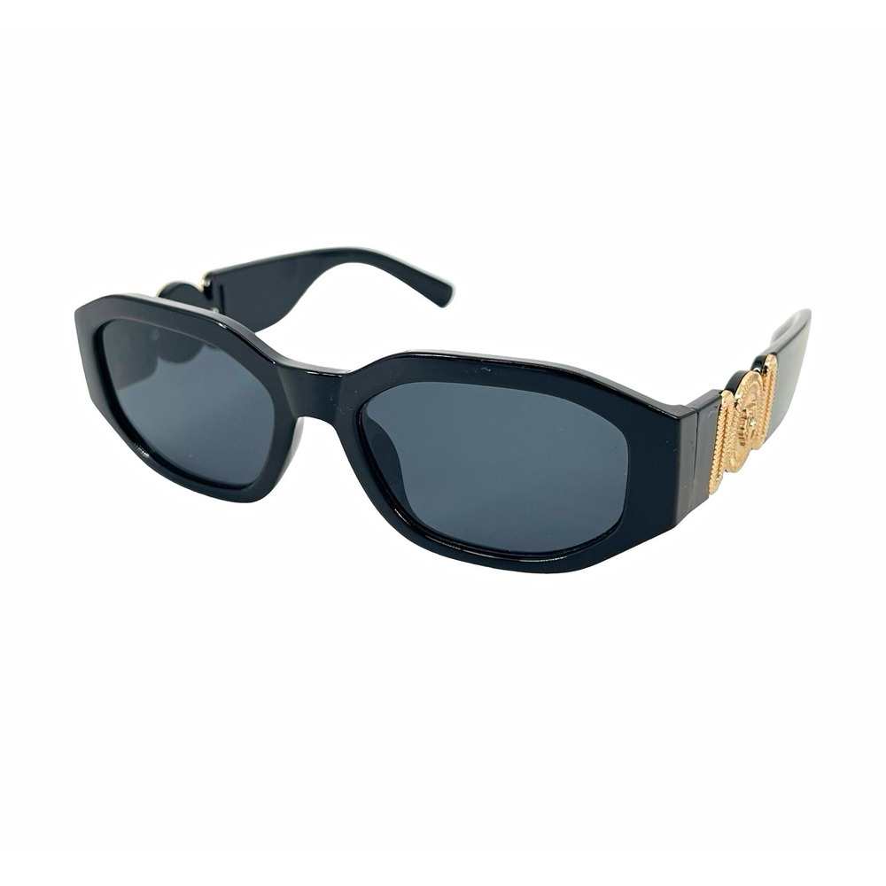 Womens Black Rectangle Sunglasses Gold Coin Medallion Y2K Retro Glam